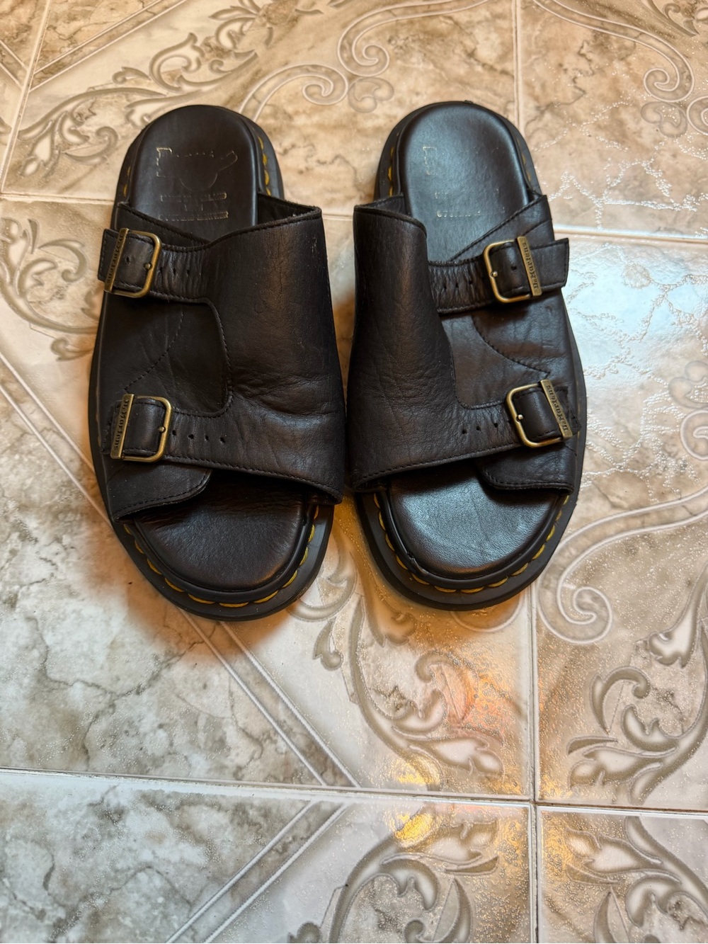 Dr Martens Men's Black Leather Double-Buckle Slide Sandals